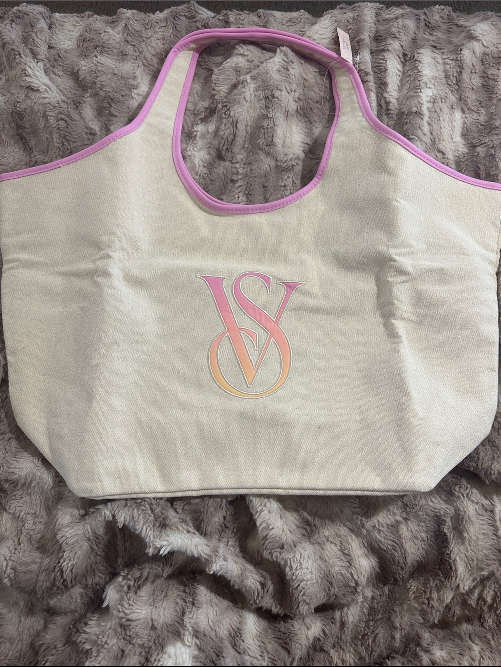 Victoria's Secret Cream Canvas Tote with Pink Trim